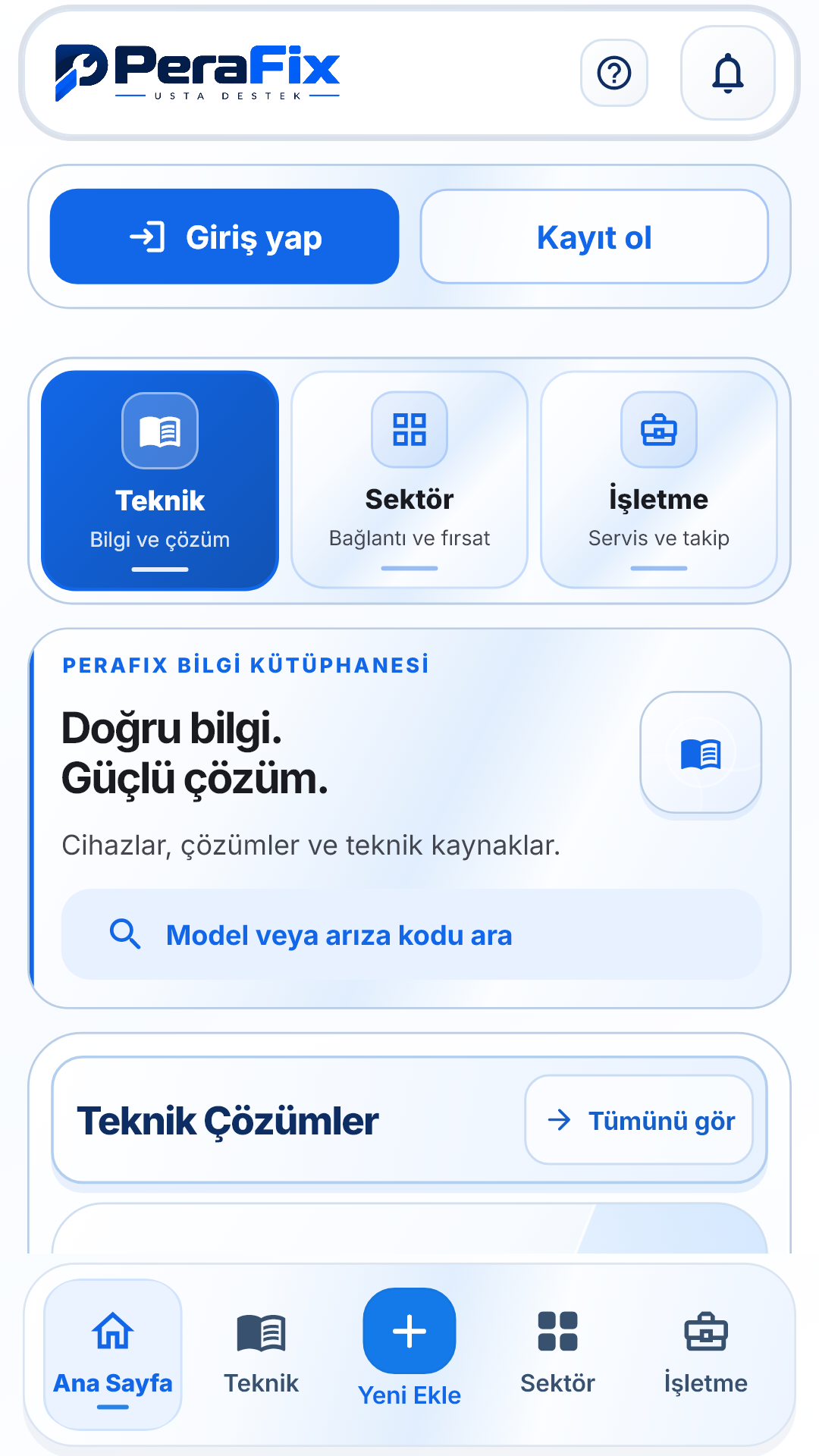 PeraFix uygulaması ana ekranı